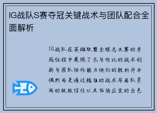 IG战队S赛夺冠关键战术与团队配合全面解析